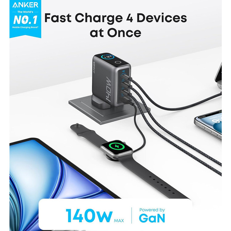 شارژر دیواری 140 وات 4 پورت انکر مدل B0DPKP7RD8 به همراه کابل USB-C به طول 1.5 متر