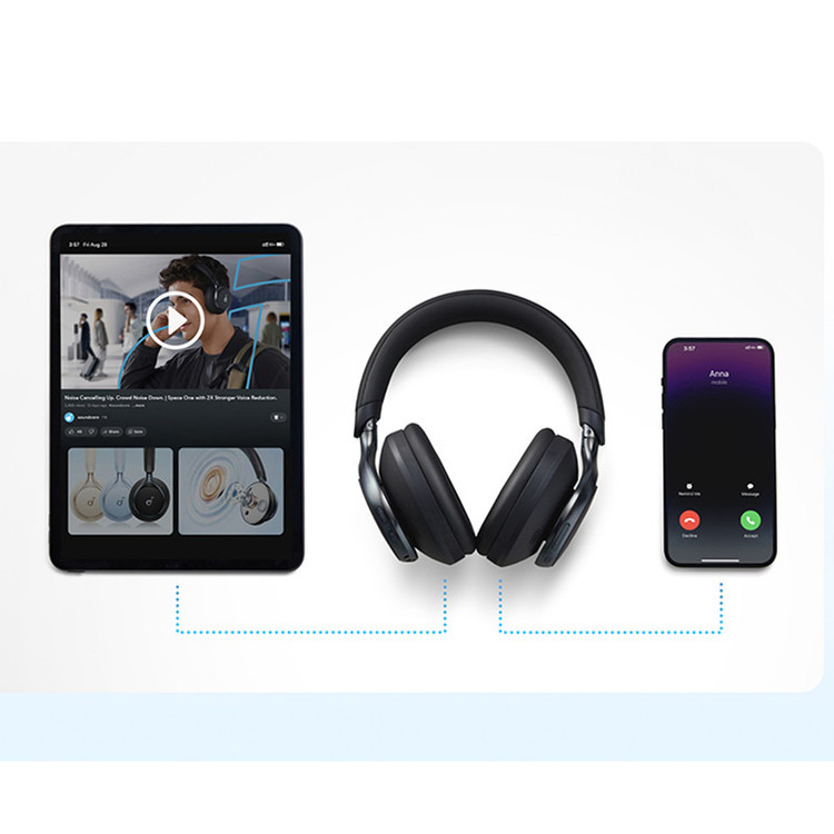 هدفون بیسیم انکر مدل Space One با نویز کنسلینگ فعال (ANC)، درگاه شارژ USB Type-C، مقاوم در برابر رطوبت و عرق